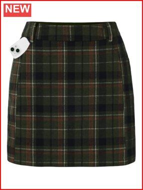 Plaid Mini Skort with Pockets High Waist Pencil Skirt Built-In Shorts
